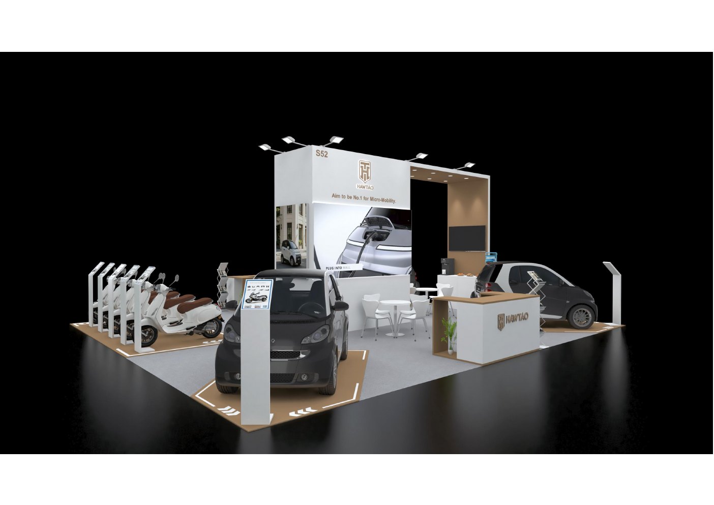 HAWTAO EICMA stand design concept viewed from the opposite aisle